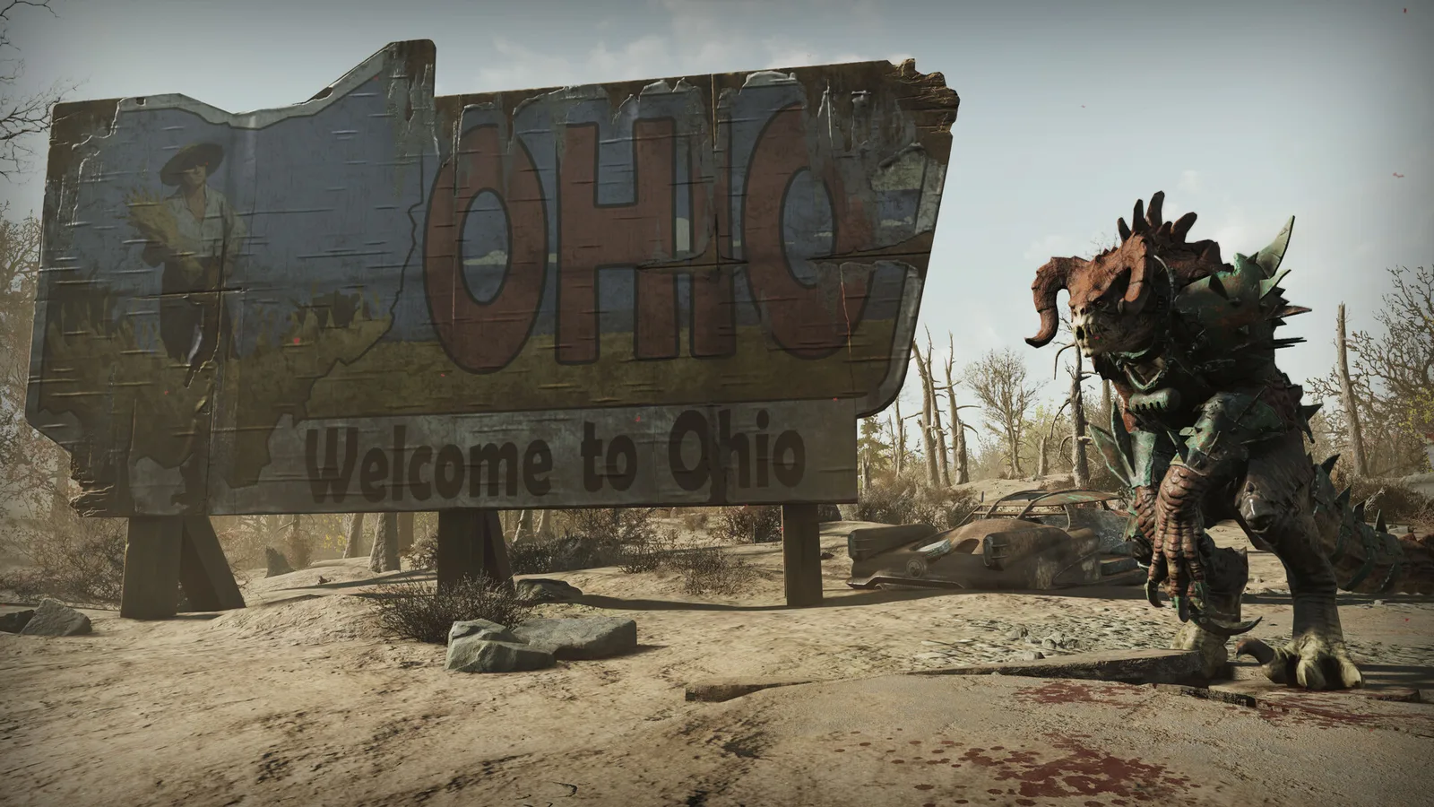 Fallout 76 в 2026 году: коготь смерти у дорожного знака «Welcome to Ohio»