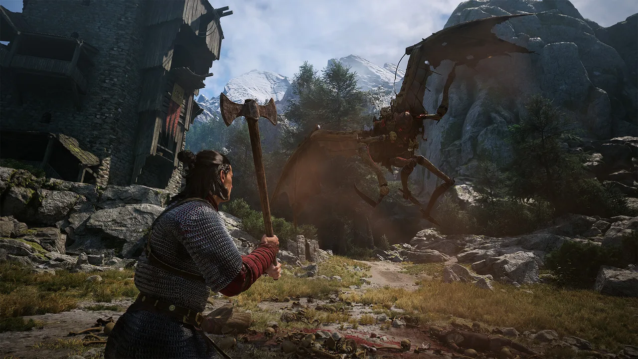 Дневной бой в The Blood of Dawnwalker: Коэн в кольчуге с двуручным топором против крылатой твари у мельницы в карпатских горах