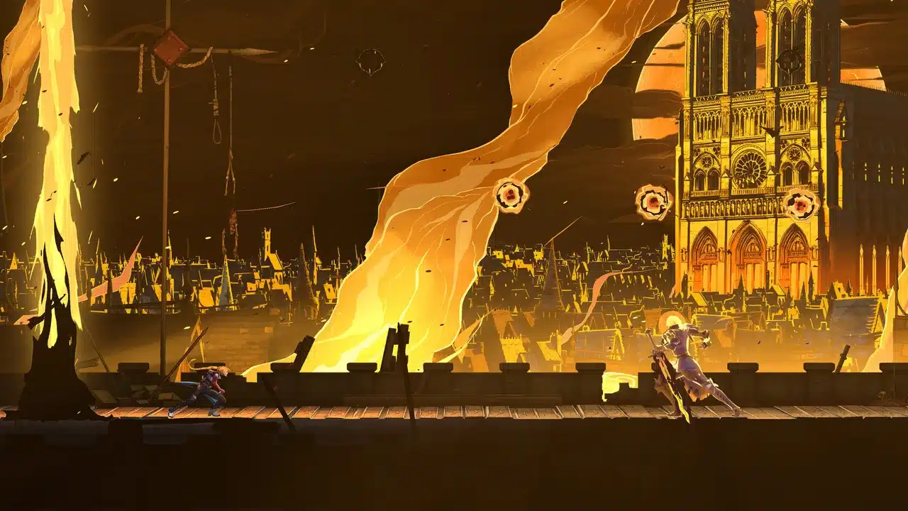 Castlevania: Belmont's Curse: Роуз Бельмонт на стене горящего Парижа перед рыцарем с огненным мечом, за ними собор Нотр-Дам