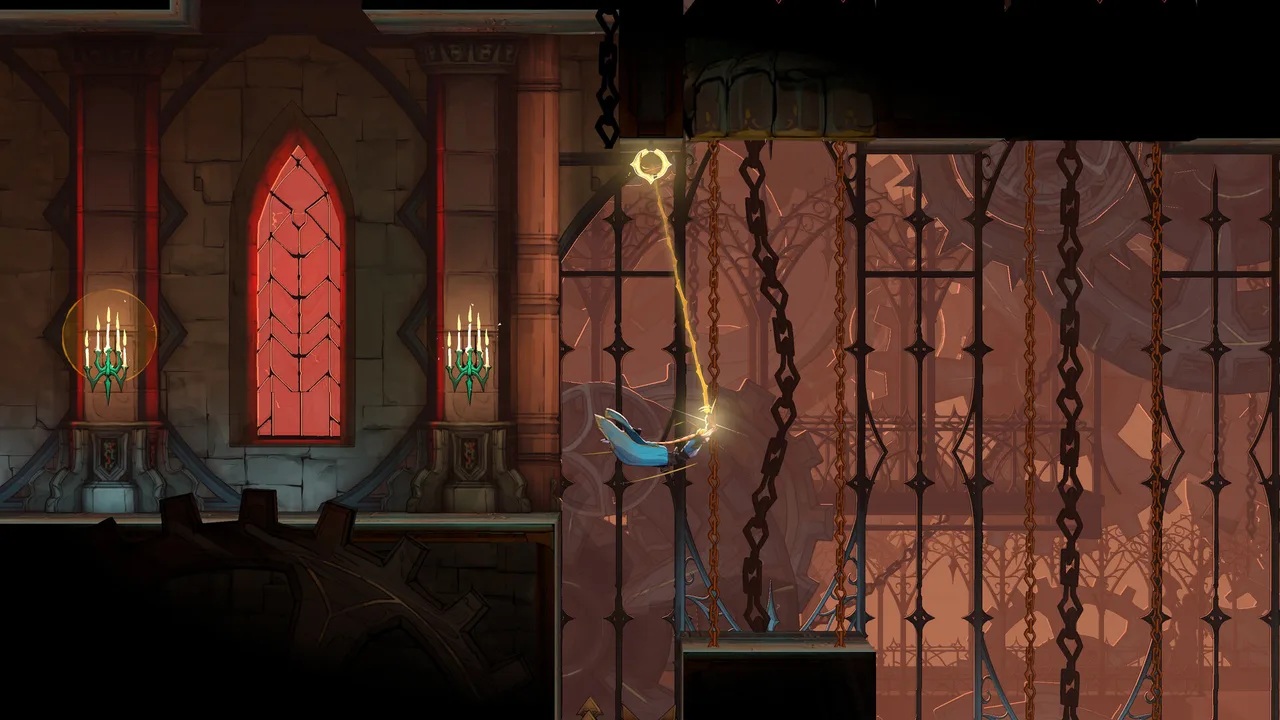Castlevania: Belmont's Curse: Роуз цепляет кнутом «Убийца вампиров» за кольцо и раскачивается над пропастью среди цепей и шестерён замка