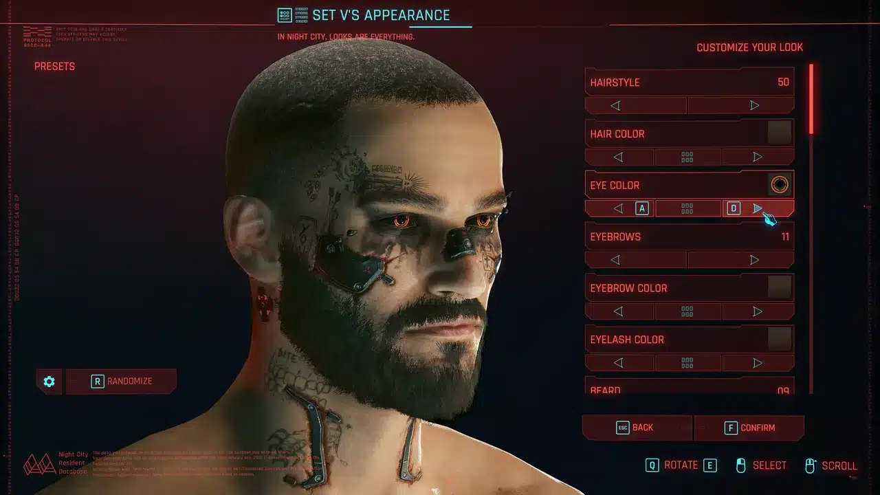 Cyberpunk 2077: экран редактора внешности V, бородатое лицо со шрамами и татуировкой на шее, справа список настроек