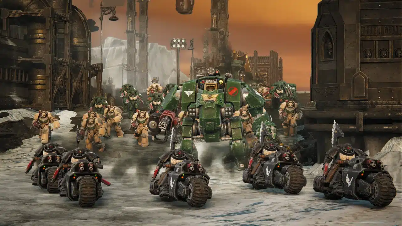 Космодесантники Dawn of War IV на байках и дредноут ведут отряд по заснеженной улице индустриального города