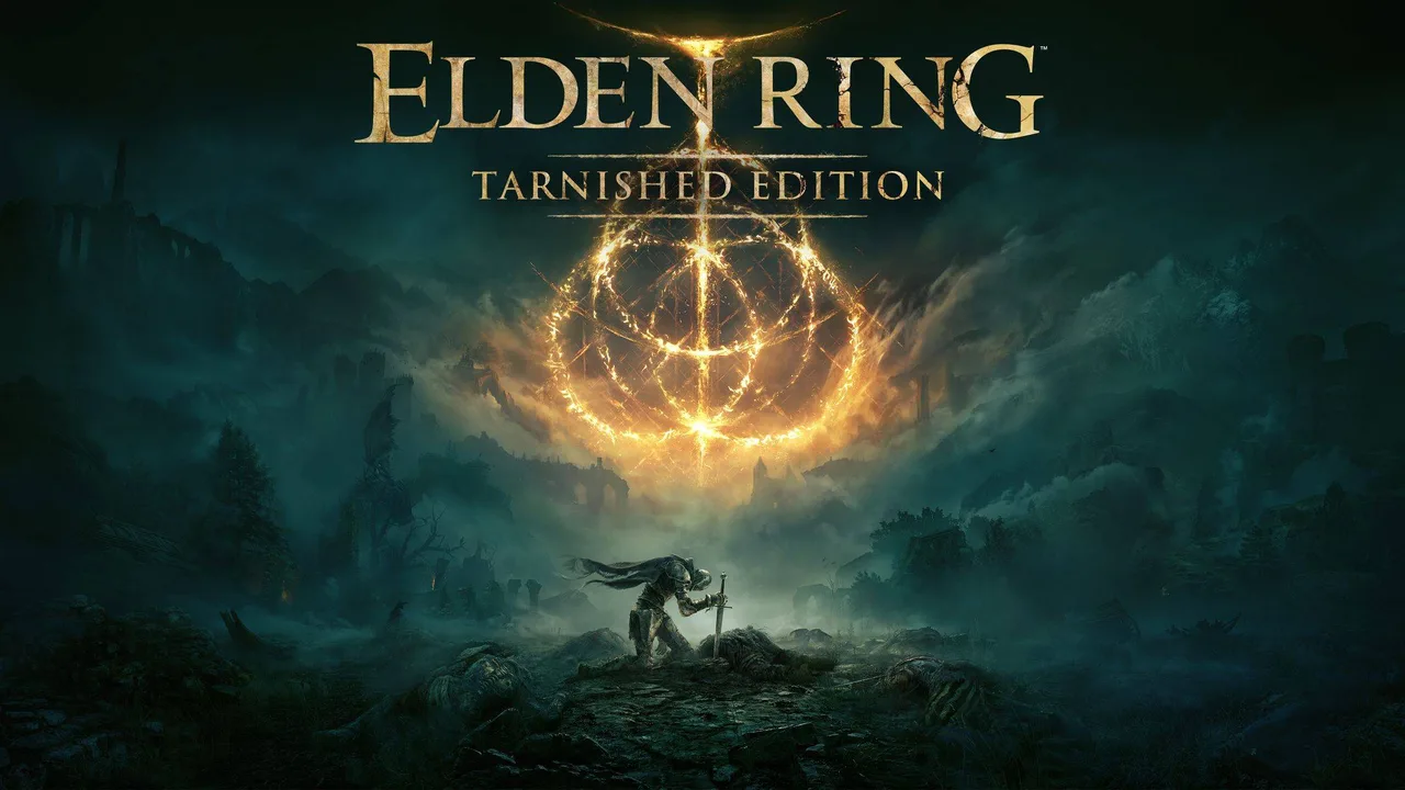 Ключевой арт ELDEN RING: Tarnished Edition: рыцарь с мечом у горящего кольца Элден в туманной долине