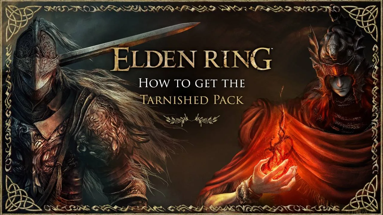 Баннер набора Tarnished Pack: рыцарь в тяжёлых доспехах с мечом и колдунья в красном плаще с пламенем в руке