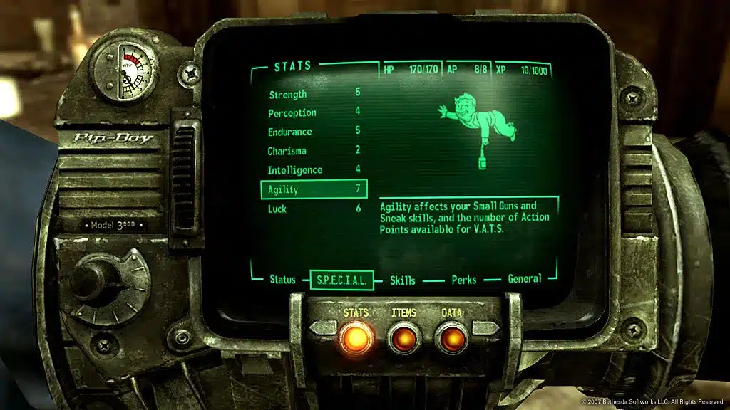 Экран SPECIAL на Pip-Boy 3000 в Fallout 3: шкала характеристик с выбранной Ловкостью и зелёная фигурка Убежища