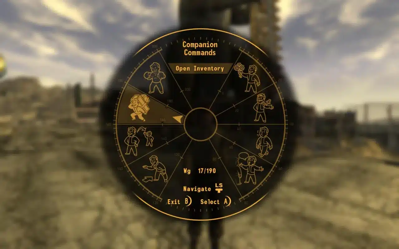 Колесо команд компаньона в Fallout: New Vegas: круг с иконками поведения, инвентаря, стимулятора и режима ожидания
