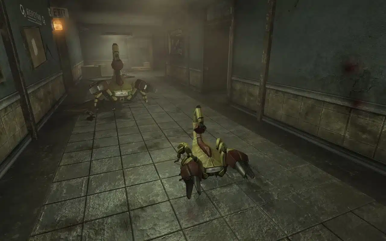 Fallout: New Vegas Old World Blues: два жёлтых робоскорпиона в тёмном коридоре исследовательского комплекса Big MT