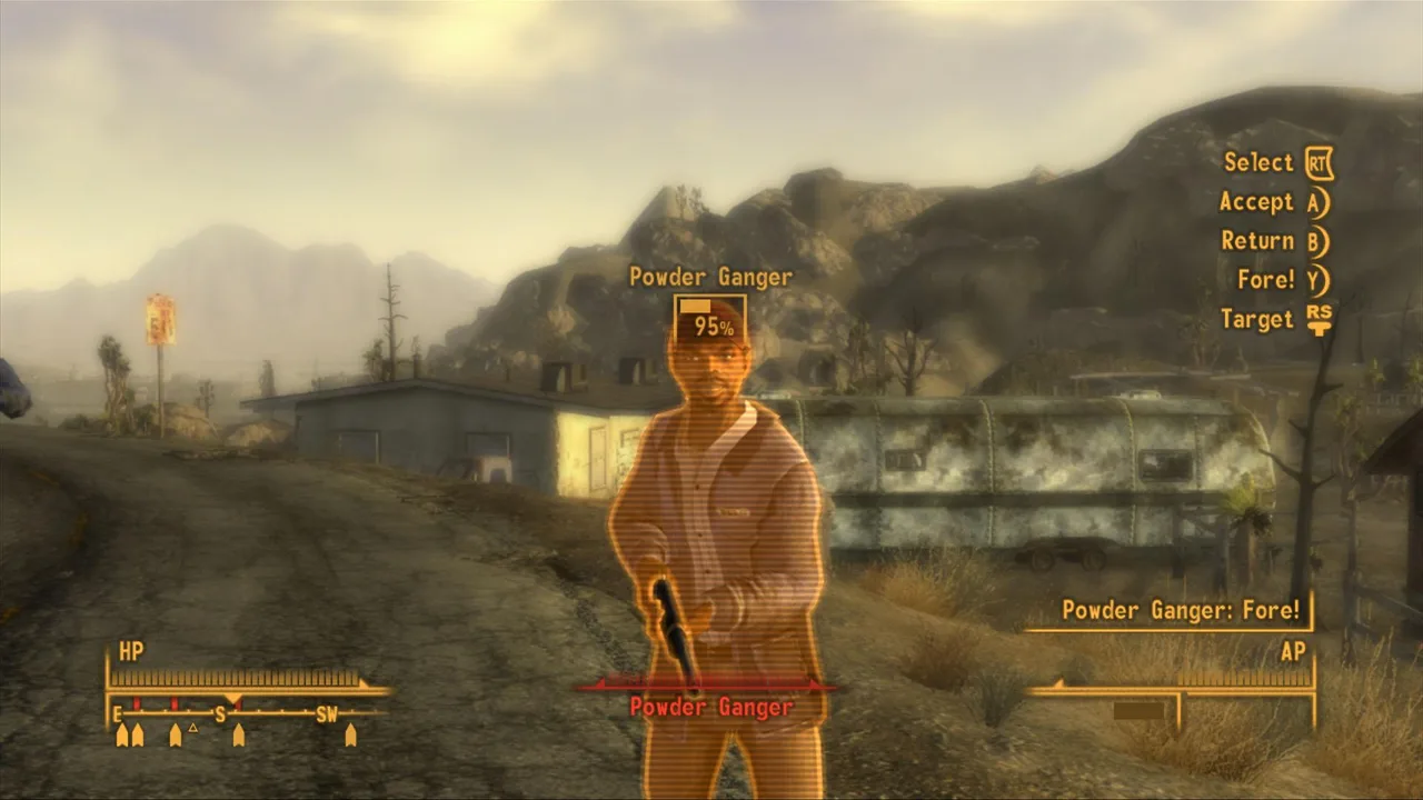 Режим V.A.T.S. в Fallout: New Vegas: Курьер целится в бандита из Powder Gangers, шанс попадания 95%, внизу шкалы HP и AP