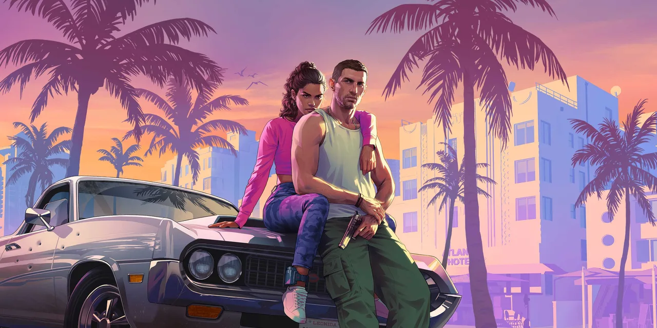 Официальный арт GTA 6 — Люсия сидит на капоте автомобиля рядом с Джейсоном на фоне закатного Вайс-Сити