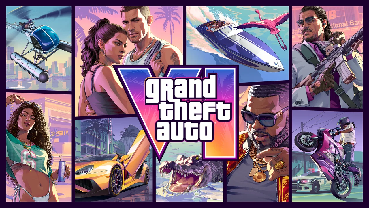 Широкоформатная обложка Grand Theft Auto VI с логотипом и коллажем из персонажей, автомобилей и видов Вайс-Сити