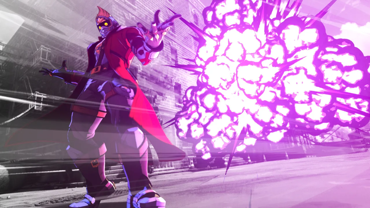 Звёздный Лорд проводит ультимативный приём с фиолетовым взрывом в Marvel Tokon: Fighting Souls