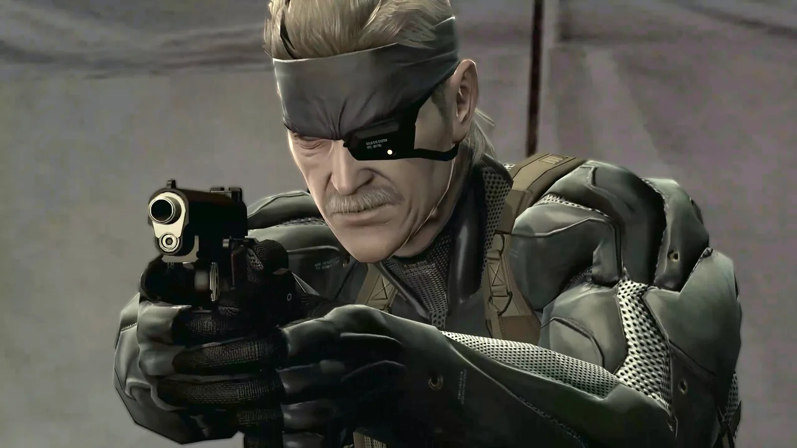 Олд Снейк в бандане целится из пистолета в Metal Gear Solid 4: Guns of the Patriots для Master Collection Vol. 2
