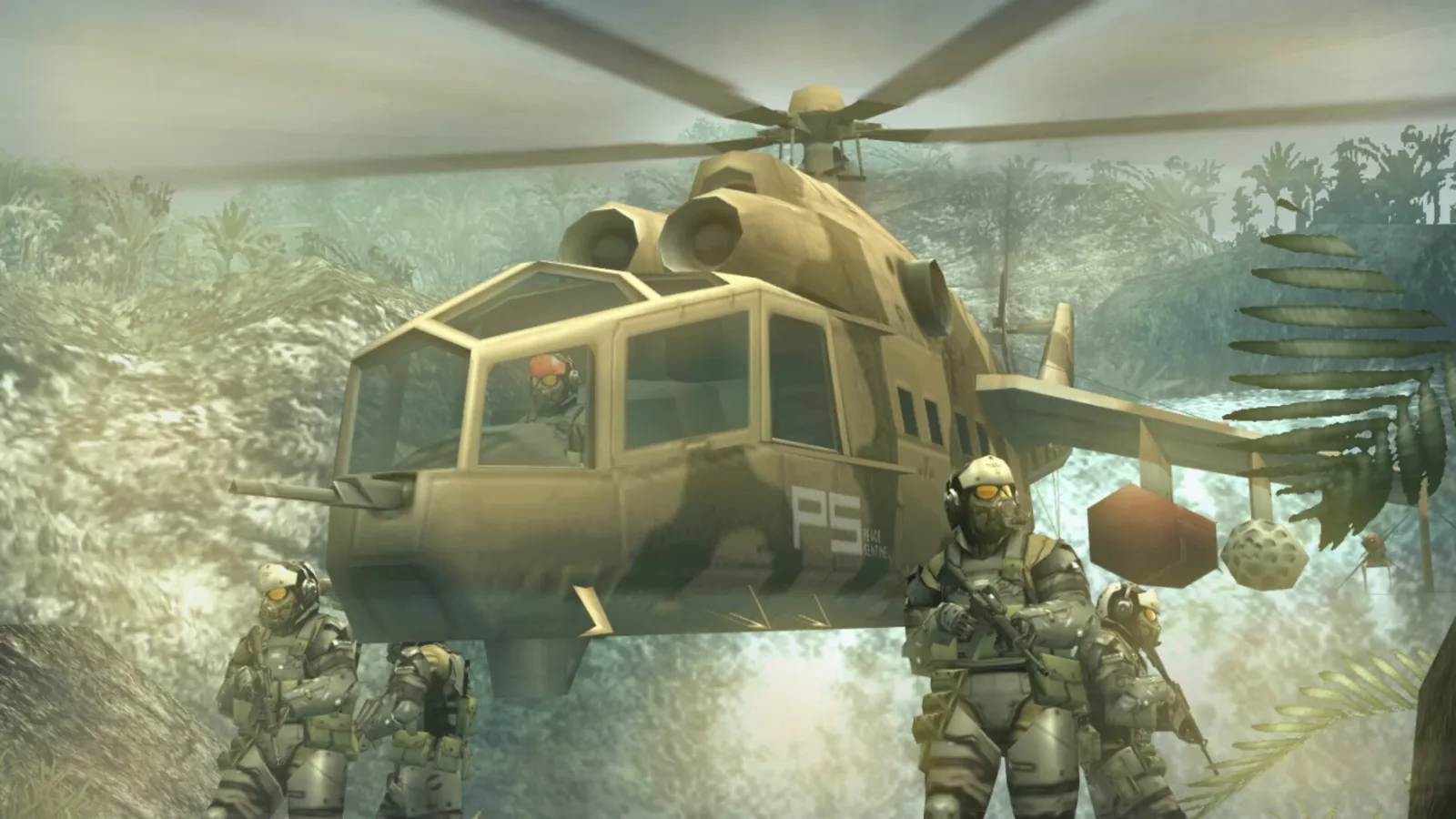 Вертолёт Peace Sentinel и солдаты в джунглях Коста-Рики в Metal Gear Solid: Peace Walker