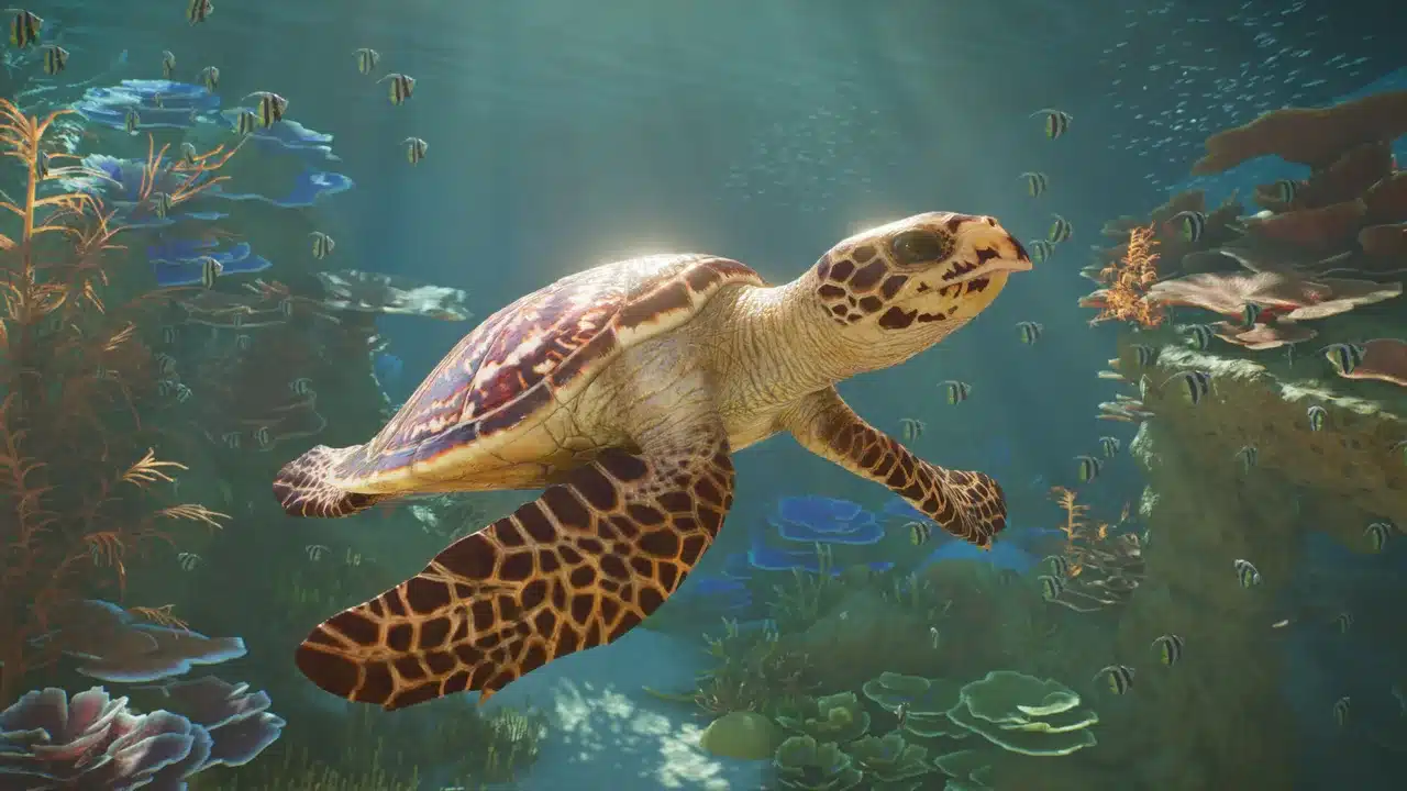 Морская черепаха бисса в аквариуме Planet Zoo 2 плывёт над коралловым рифом среди стаи полосатых рыб