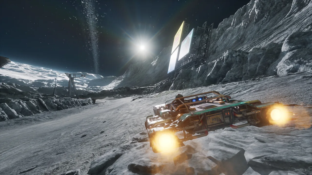 Star Wars: Galactic Racer: лендспидер с горящими двигателями несётся по ночному ледяному склону мимо рекламных щитов