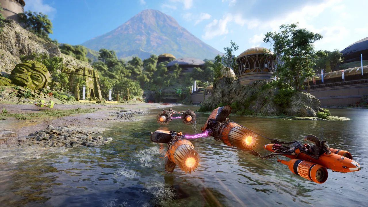 Star Wars: Galactic Racer: оранжевый подрейсер мчится над рекой в джунглях у вулкана, за ним каменные идолы и купола