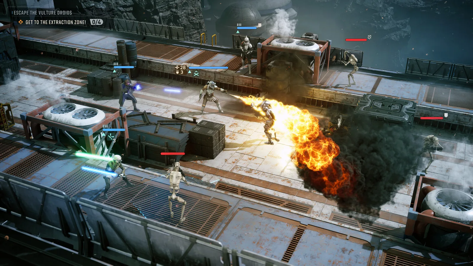 Пошаговый бой в Star Wars Zero Company: отряд ведёт перестрелку с дроидами на промышленной площадке
