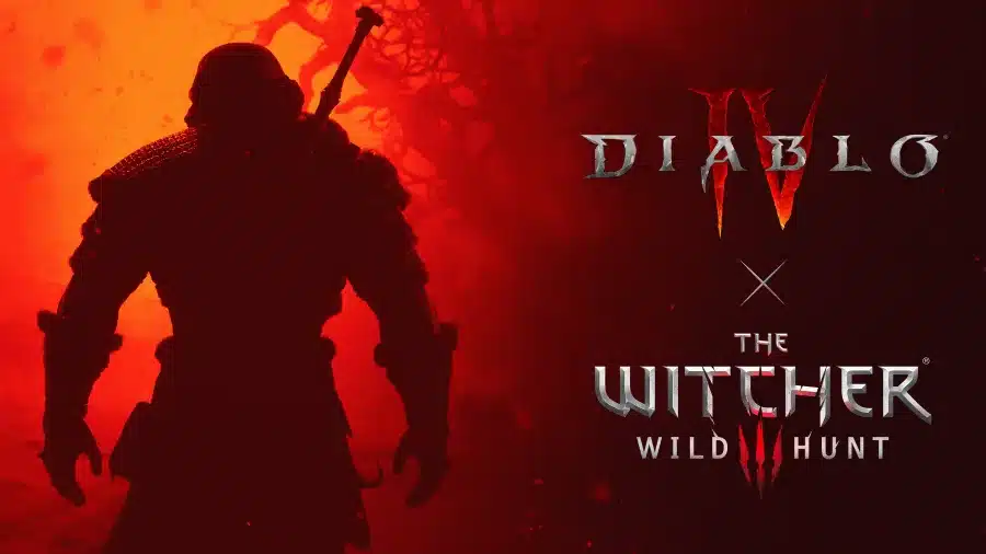 Официальный арт кроссовера Diablo IV и The Witcher 3 — тёмный силуэт воина с мечом за спиной на красном фоне и логотипы обеих игр