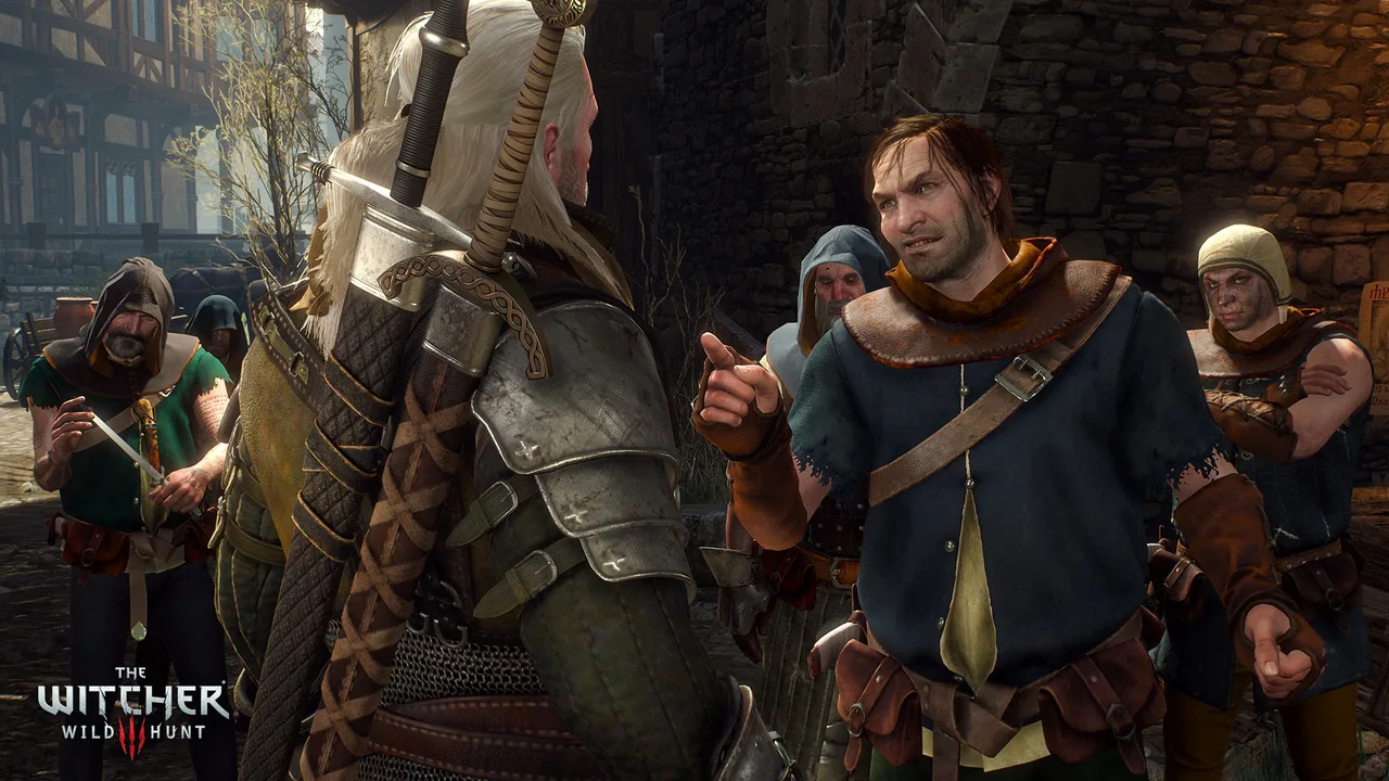 Геральт разговаривает с горожанами на улице средневекового города в The Witcher 3 — обычный диалог с развилкой