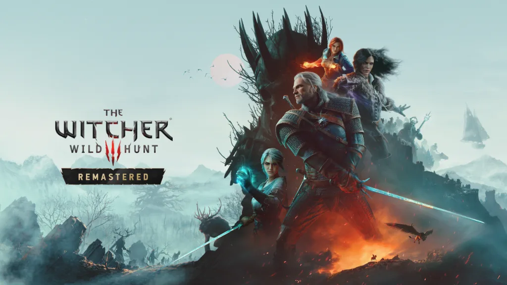 Официальный арт The Witcher 3 Wild Hunt Remastered — Геральт с серебряным мечом, рядом Цири, Йеннифэр и Трисс на фоне силуэта Дикой Охоты