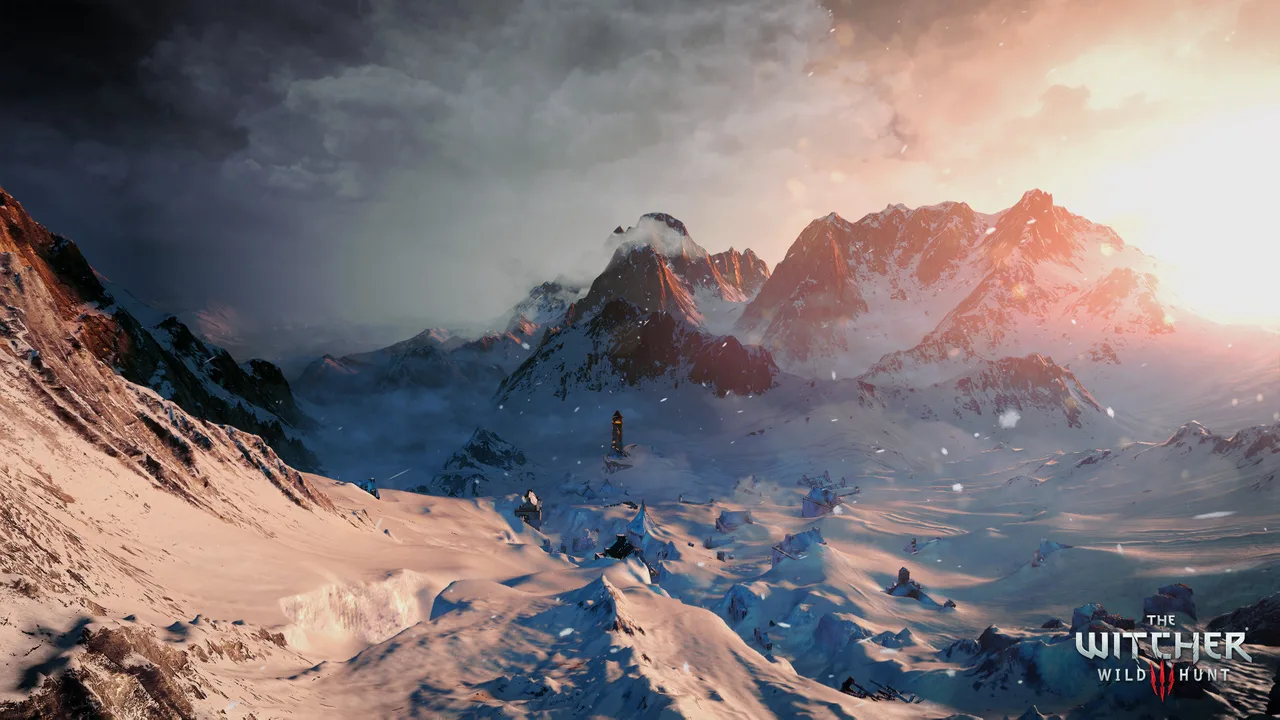 Занесённая снегом долина под грозовым небом в The Witcher 3 — образ Белого Хлада, с которым Цири сражается в финале
