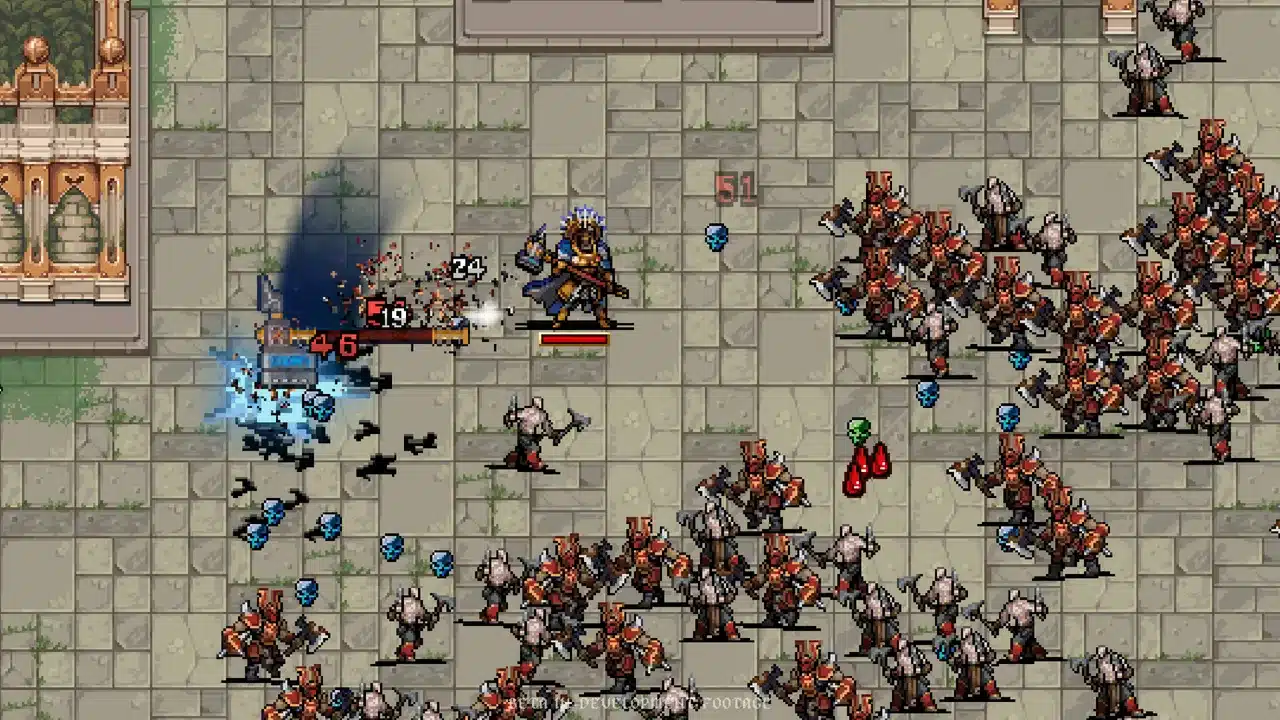 Герой Warhammer Survivors с молотом в окружении орды топорщиков Хаоса на каменной площади, вокруг синие черепа опыта