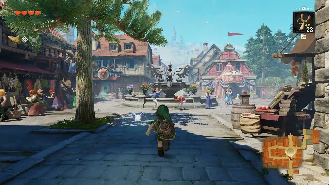 Ремейк Ocarina of Time на Switch 2: юный Линк с Нави бежит по рыночной площади у замка Хайрула мимо фонтана и лавок