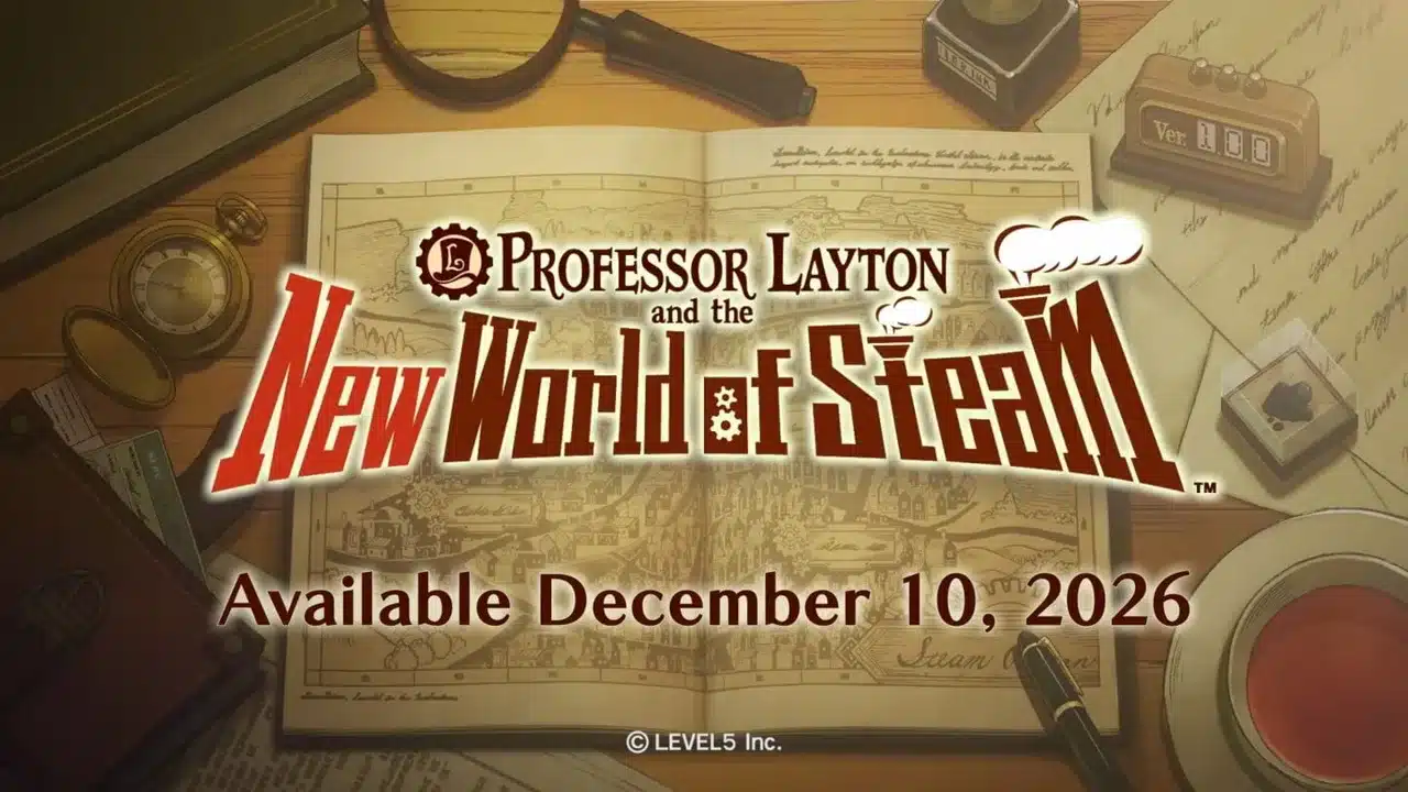 Заставка трейлера Professor Layton: логотип и дата 10 декабря 2026 поверх карты Стим-Бизона на столе