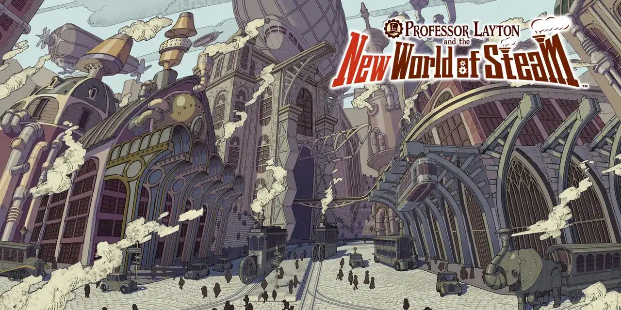 Арт Professor Layton New World of Steam: улица Стим-Бизона с паровыми трамваями, дирижаблями и слоном-машиной